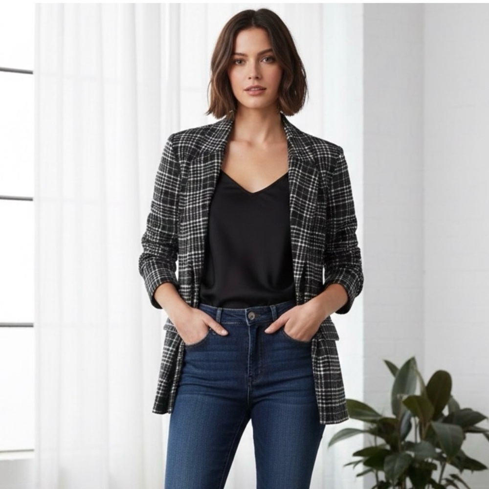 LIVERPOOL Stretch Knit Boyfriend Blazer S 19” p2p Black/White/Sage EUC